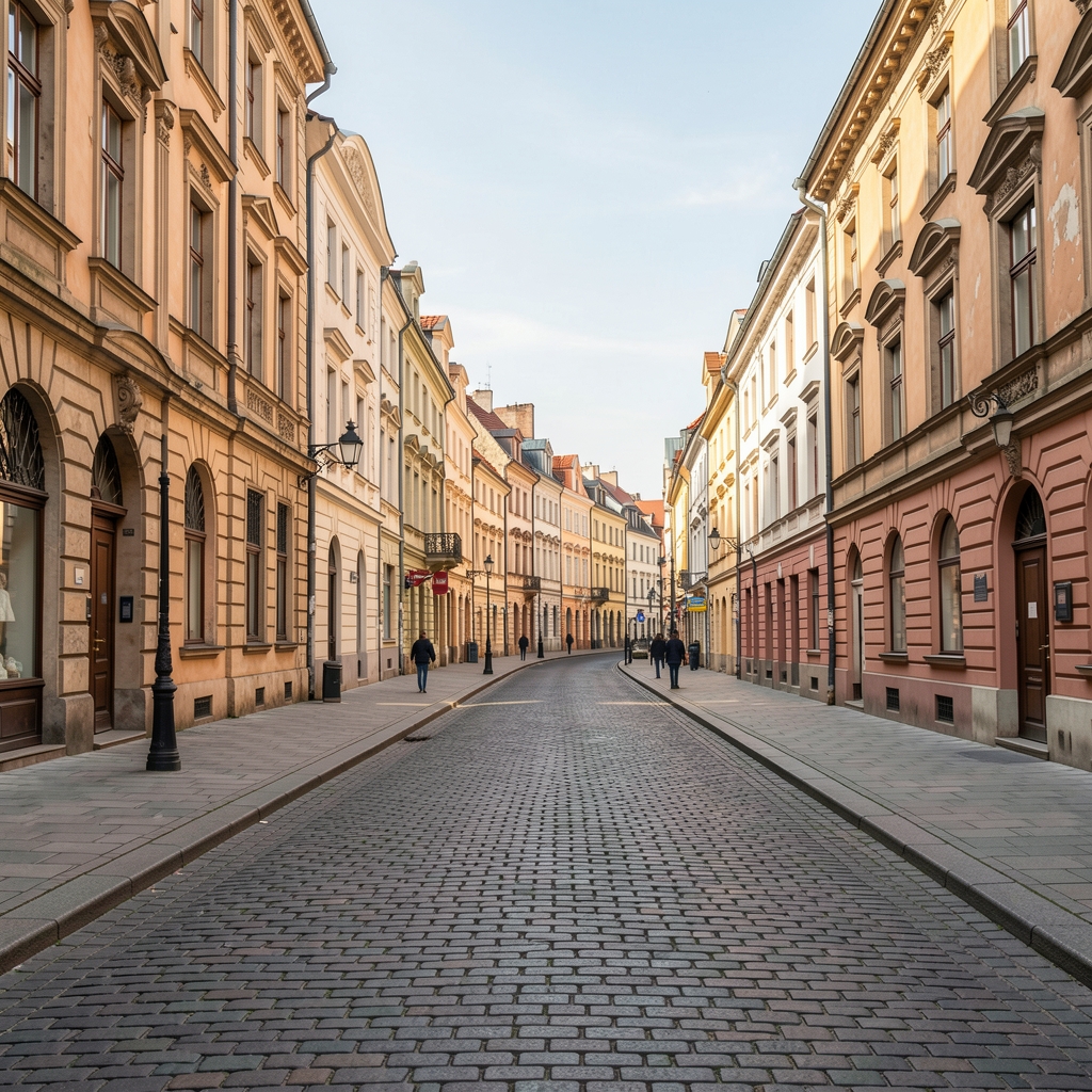 Zabytkowa ulica w centrum Wrocławia w pobliżu siedziby Grelvek